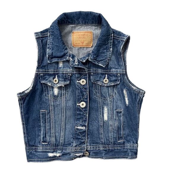 Amethyst Jeans Girl’s Distressed Ripped Sleeveless Button Front Denim Vest Small - Picture 1 of 12